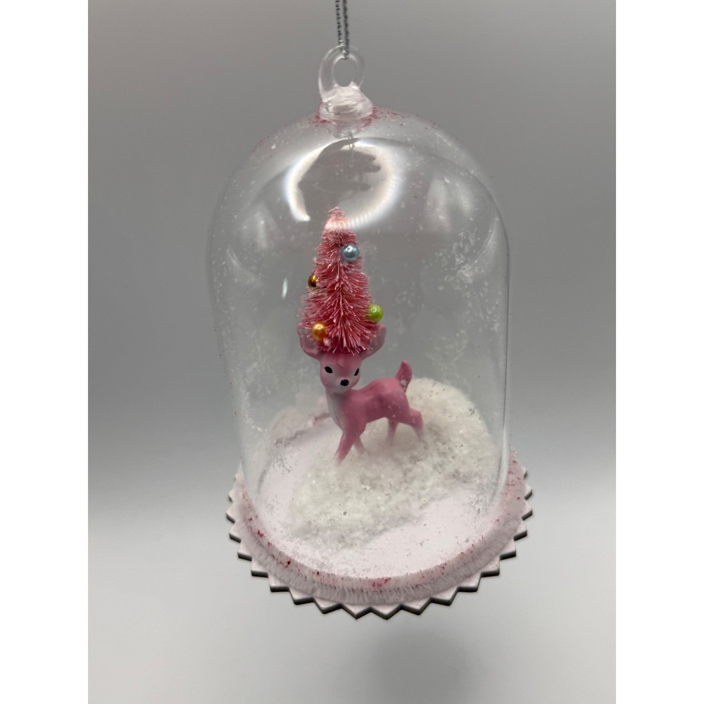 Pink Reindeer Cloche Christmas Ornament Retro Kitsch Bottle Brush Tree Dome